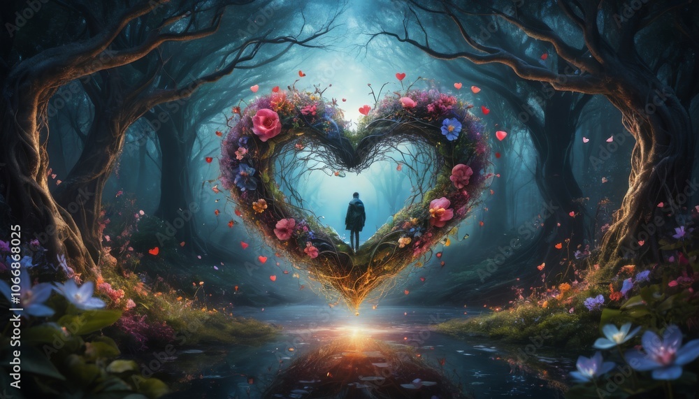 Surreal illustration of a heart-shaped tree adorned with flowers, with a person standing in a magical forest clearing Surreal illustration of a heart-shaped tree adorned with flowers, with a person standing in a magical forest clearing