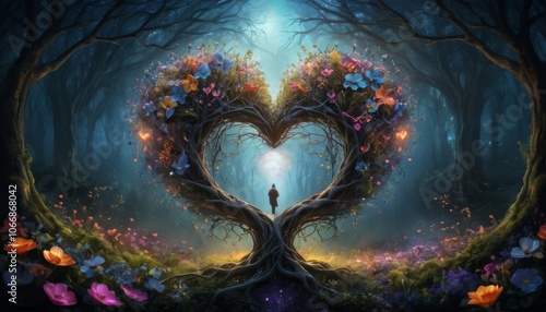 Surreal illustration of a heart-shaped tree surrounded by colorful flowers and a person standing in an enchanted forest