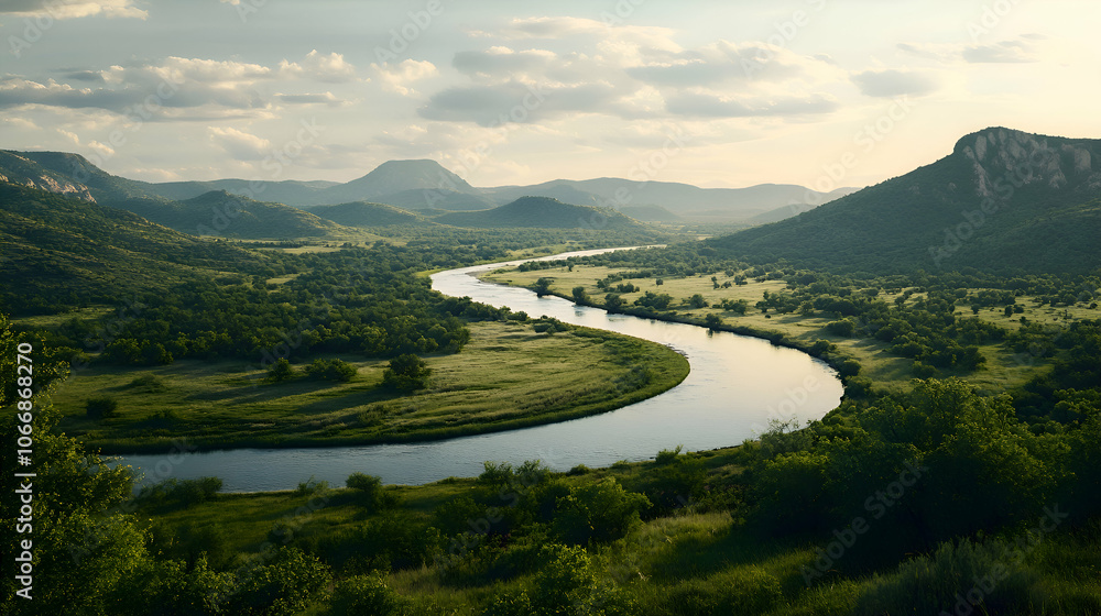 Fototapeta premium A winding river flows through a valley, surrounded by lush green hills and a blue sky with white clouds.