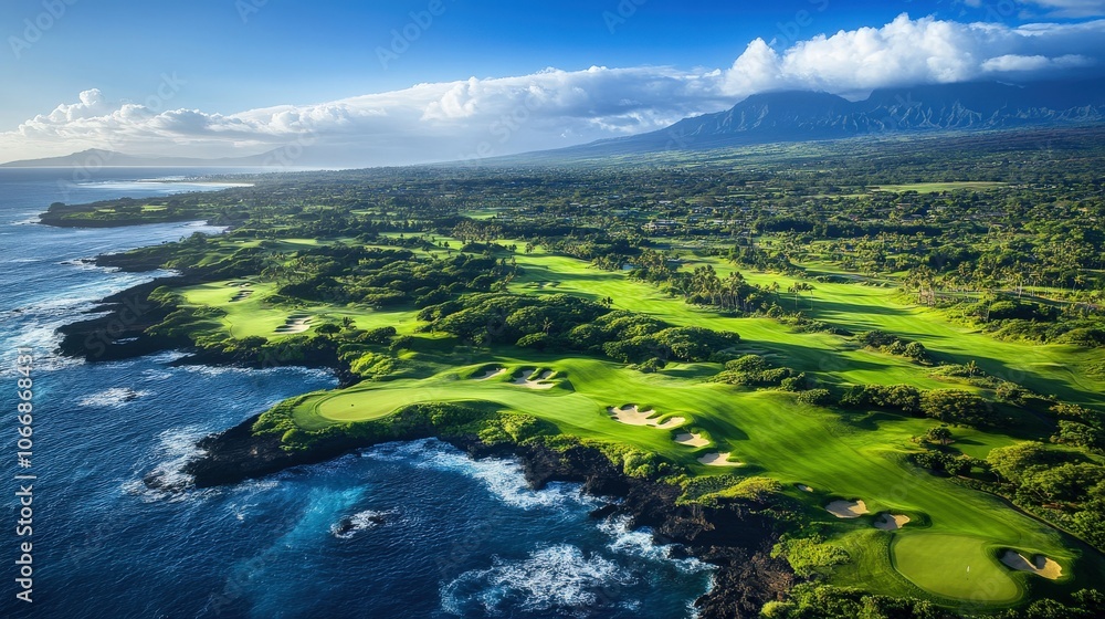 This panoramic view captures a lush golf course set against a beautiful coastal backdrop, highlighting the greens, sand traps, and surrounding landscape This panoramic view captures a lush golf course set against a beautiful coastal backdrop, highlighting the greens, sand traps, and surrounding landscape