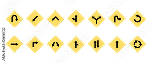 Yellow road arrow signs. Highway warning symbols, navigation and direction for street or trail. Straight right left turning pointers, recent vector set