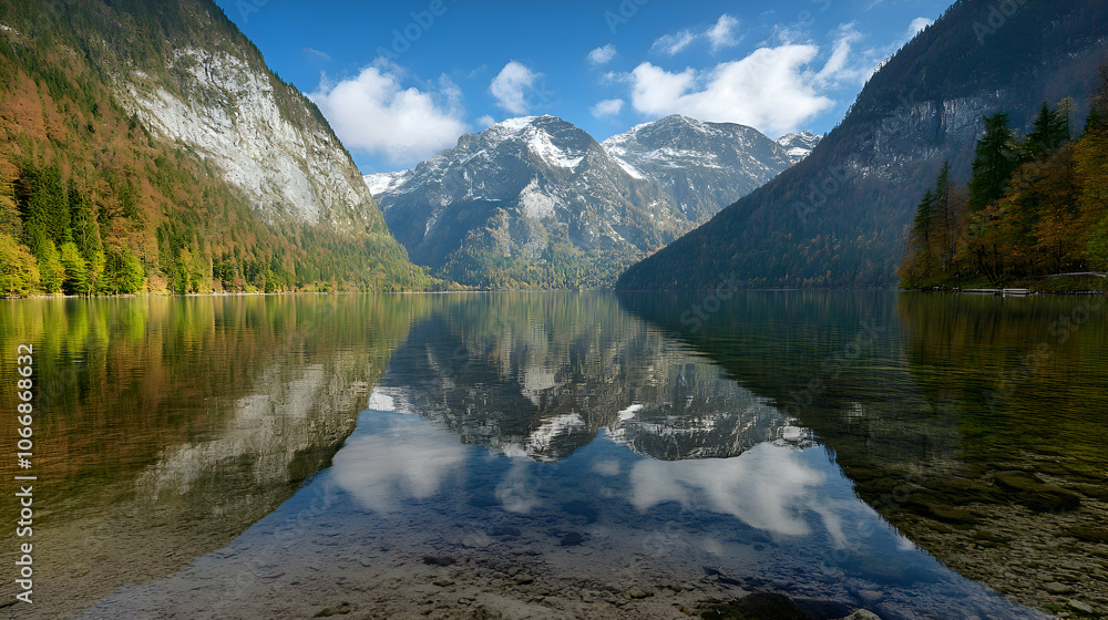 Calm mountain lake with reflections of snow-capped peaks and clouds on the water. Calm mountain lake with reflections of snow-capped peaks and clouds on the water.