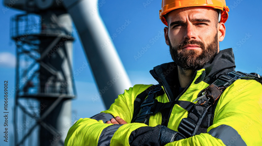technician in safety harness stands confidently near wind turbine, showcasing importance of safety in renewable energy. bright yellow jacket contrasts with industrial background technician in safety harness stands confidently near wind turbine, showcasing importance of safety in renewable energy. bright yellow jacket contrasts with industrial background