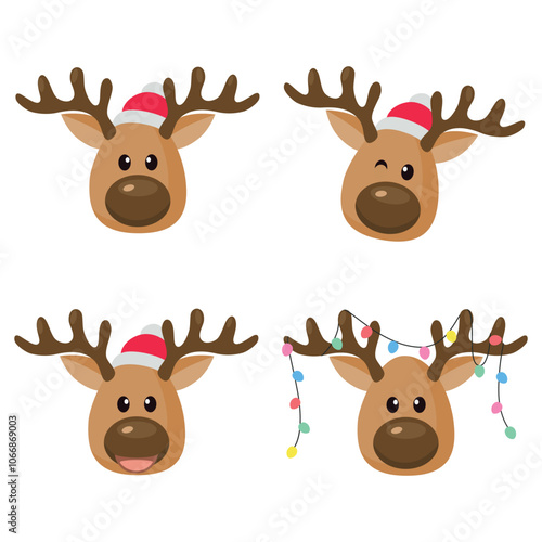 Christmas baby reindeer vector set mascot with Santa Claus hat, Funny Xmas deer illustration on white background