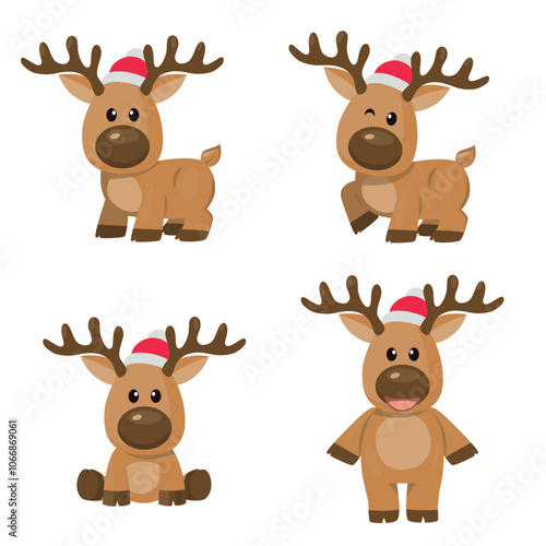 Christmas baby reindeer set vector mascot with Santa Claus hat, Funny Xmas deer illustration on white background