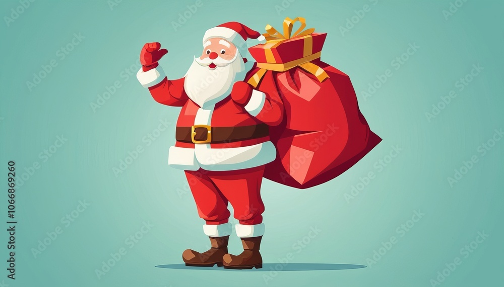 Jolly Santa Claus waving with a large sack of gifts on his back Jolly Santa Claus waving with a large sack of gifts on his back
