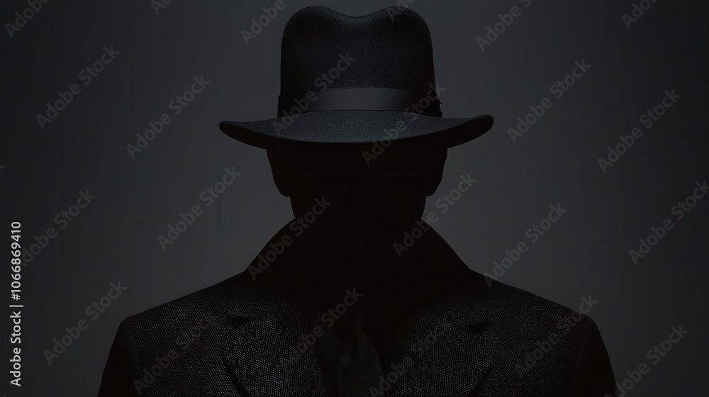 Mysterious Silhouette of a Man in a Fedora and Suit, a Symbol of Secrecy and Intrigue Mysterious Silhouette of a Man in a Fedora and Suit, a Symbol of Secrecy and Intrigue