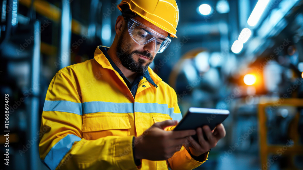 technician in yellow safety jacket and helmet is using tablet in industrial setting, showcasing focus on technology and safety in workplace technician in yellow safety jacket and helmet is using tablet in industrial setting, showcasing focus on technology and safety in workplace