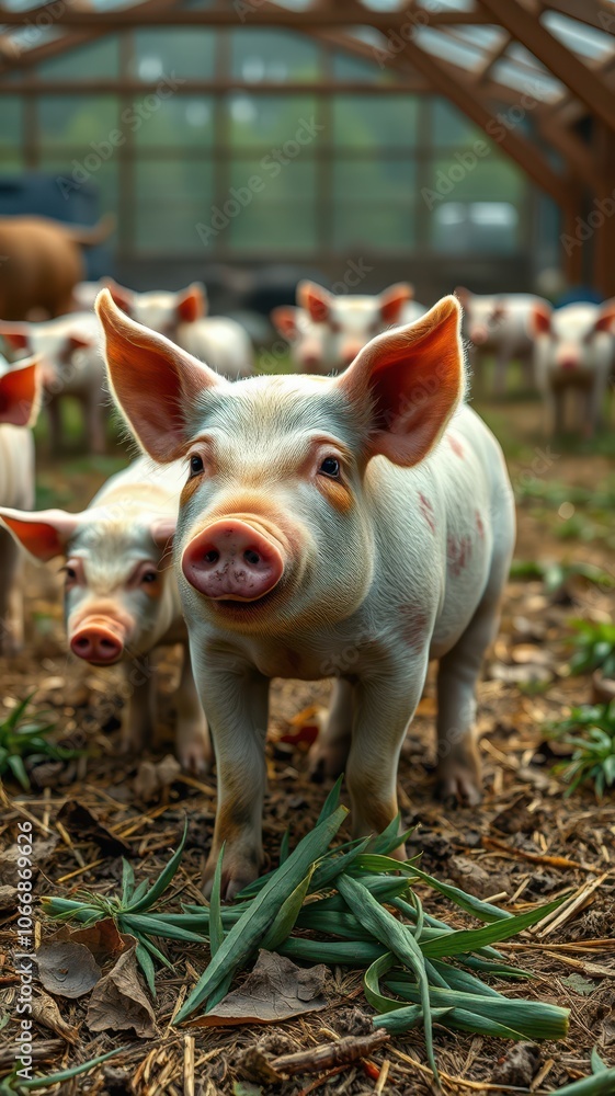 A pig stands in a pen with other pigs, looking up at the camera A pig stands in a pen with other pigs, looking up at the camera