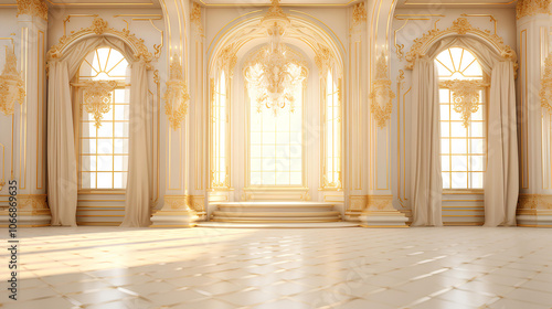 Elegant luxury interior of a classic room with golden accents and natural light streaming through large windows
