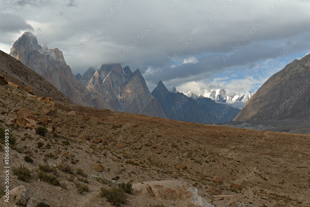 View from Paju Camp to Trango Towers. Karakoram Mountains. Gilgit-Baltistan region. Pakistan. Asia. View from Paju Camp to Trango Towers. Karakoram Mountains. Gilgit-Baltistan region. Pakistan. Asia.