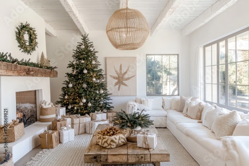 A white room with a Christmas tree, presents, and cozy holiday decor.
