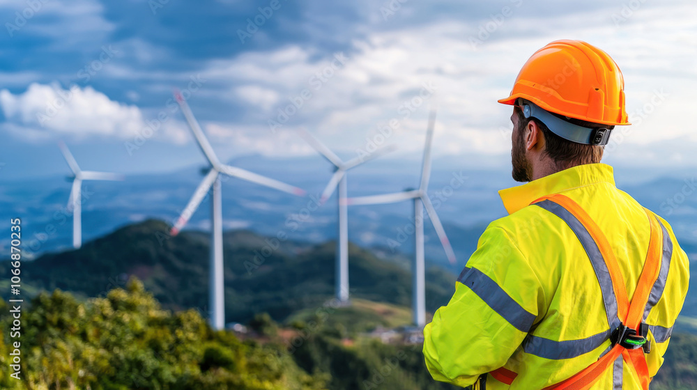 technician in bright yellow safety jacket and orange helmet observes offshore wind turbines against dramatic sky. scene conveys sense of responsibility and innovation in renewable energy technician in bright yellow safety jacket and orange helmet observes offshore wind turbines against dramatic sky. scene conveys sense of responsibility and innovation in renewable energy