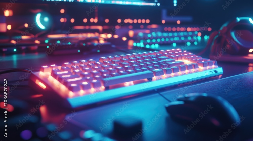 Closeup of a Gaming Keyboard and Mouse in Neon Lights Closeup of a Gaming Keyboard and Mouse in Neon Lights