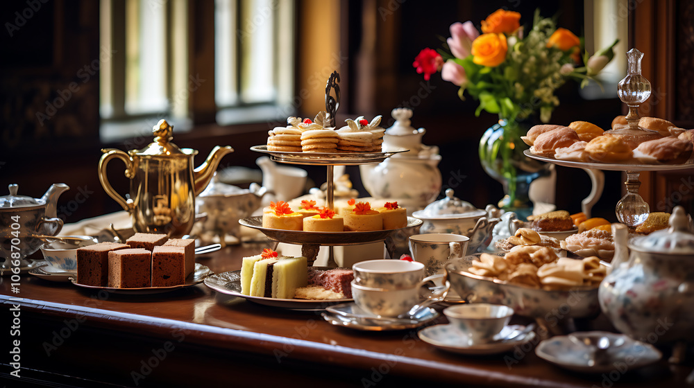 Naklejka premium Traditional English high tea setup with an array of desserts and a teapot in a charming setting
