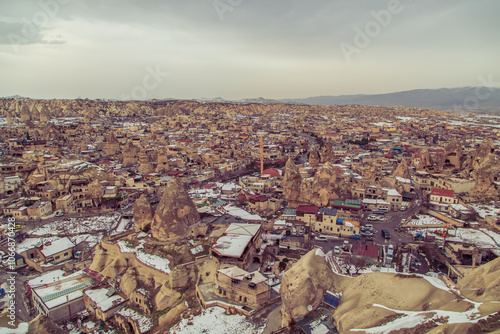 Aerial view of the town of Goreme, Türkiye, Cappadocia.