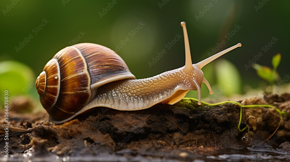 A snail crawls slowly over damp soil surrounded by green foliage during a sunny afternoon in a natural habitat A snail crawls slowly over damp soil surrounded by green foliage during a sunny afternoon in a natural habitat