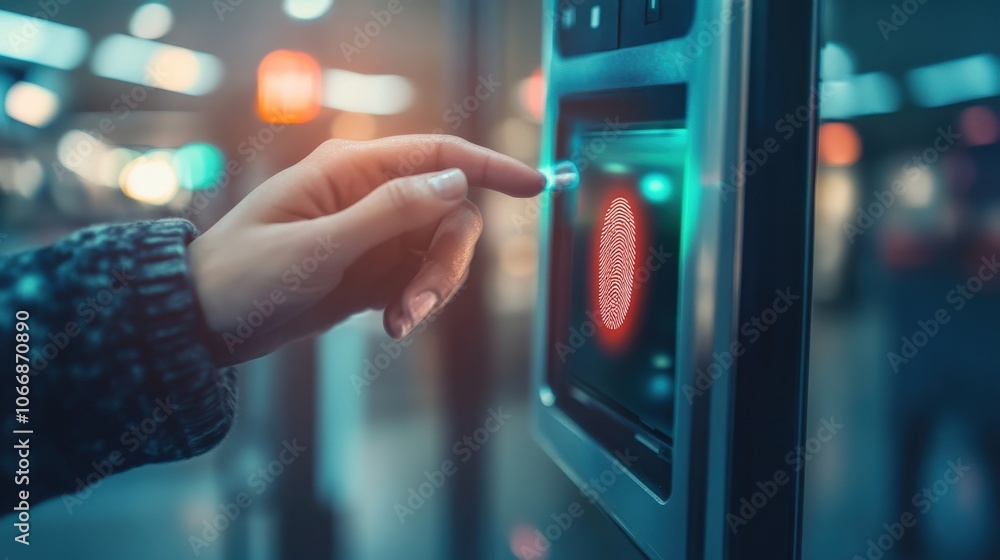 A person engages a fingerprint scanner with their thumb at a security checkpoint located in a bustling underground train station. The atmosphere is vibrant and lively in the evening A person engages a fingerprint scanner with their thumb at a security checkpoint located in a bustling underground train station. The atmosphere is vibrant and lively in the evening