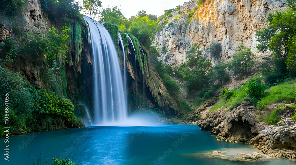 Majestic waterfall cascading down a rocky cliff into a clear blue pool, surrounded by lush greenery. Majestic waterfall cascading down a rocky cliff into a clear blue pool, surrounded by lush greenery.