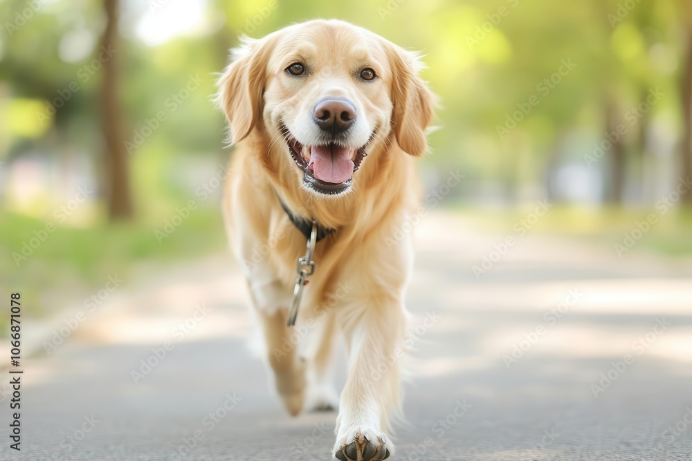 A happy golden retriever walks down a sunlit path, enjoying a joyful moment in a lush, green environment. A happy golden retriever walks down a sunlit path, enjoying a joyful moment in a lush, green environment.