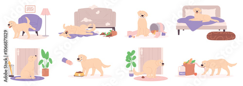 Pet behavior problems. Dog different emotions, destroying at home. Puppy play with garbage, poops on carpet, rips furniture, steals food, racy vector scenes