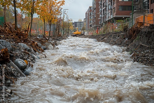 Rushing Water Flowing Through a City Street During Construction photo