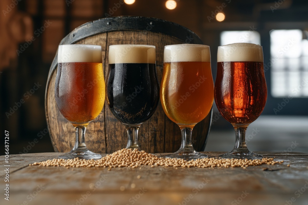 Four different beer glasses sit on a wooden table. Each glass shows a unique color and foam. A barrel and grains are in the background. Perfect for beverage lovers. Generative AI Four different beer glasses sit on a wooden table. Each glass shows a unique color and foam. A barrel and grains are in the background. Perfect for beverage lovers. Generative AI