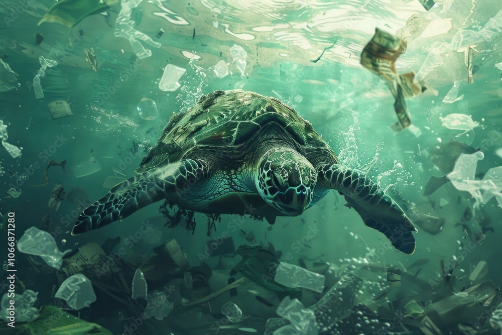 Fototapeta premium Trash In Water. Sea Turtle Surrounded by Plastic Garbage in Polluted Ocean Environment