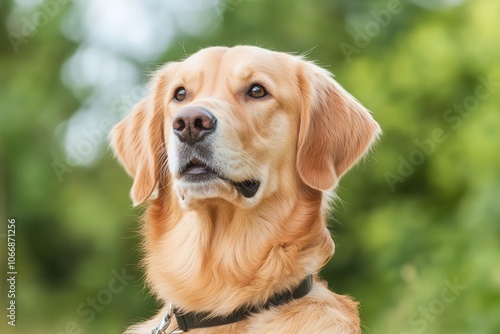 A golden retriever with a gentle expression, set against a lush green background, exuding friendliness and warmth.