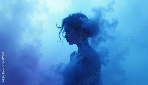 Silhouetted female figure surrounded by colorful smoke, featuring a dreamlike atmosphere and ethereal design