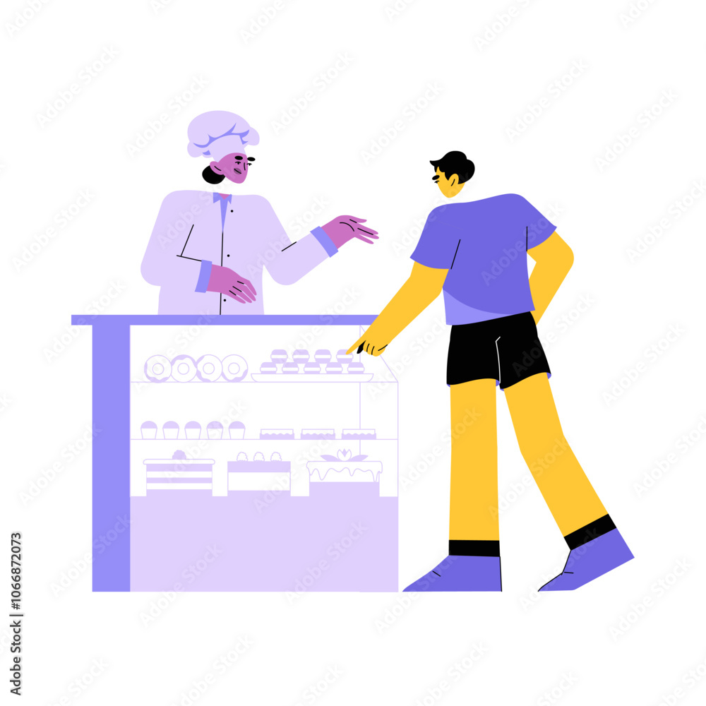 Female Customer Selecting Pastries From Bakery Counter in Flat Vector Illustration Symbolizing Food Selection, Customer Choice, and In store Shopping Experience, Isolated on White Background Female Customer Selecting Pastries From Bakery Counter in Flat Vector Illustration Symbolizing Food Selection, Customer Choice, and In store Shopping Experience, Isolated on White Background