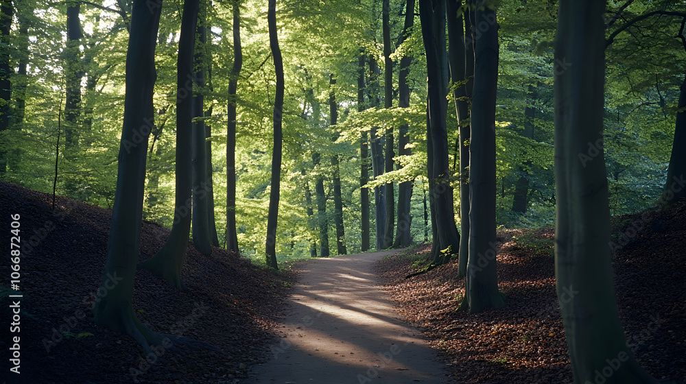 Fototapeta premium Sunbeams illuminate a path through a lush forest.