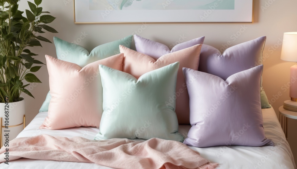 Close-up of cozy bedding with pastel pillows and a soft throw, featuring a serene atmosphere and minimalistic style Close-up of cozy bedding with pastel pillows and a soft throw, featuring a serene atmosphere and minimalistic style