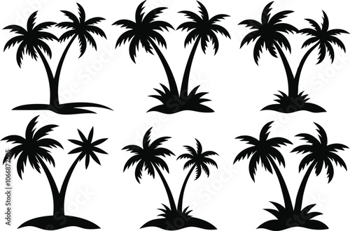 Set of palm tree black icons vector on transparent background