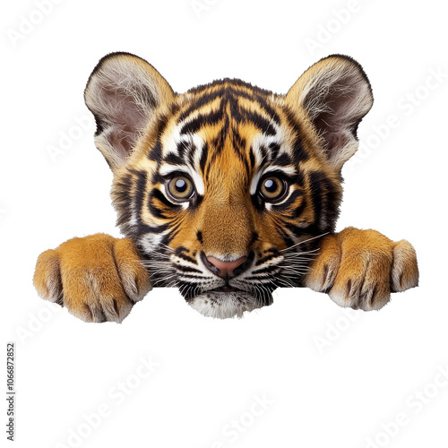 Playful young tiger on a ledge photo