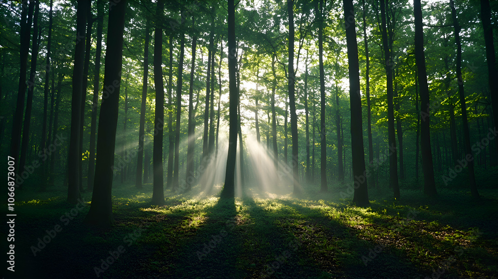 Obraz premium Sunbeams shine through a misty forest.