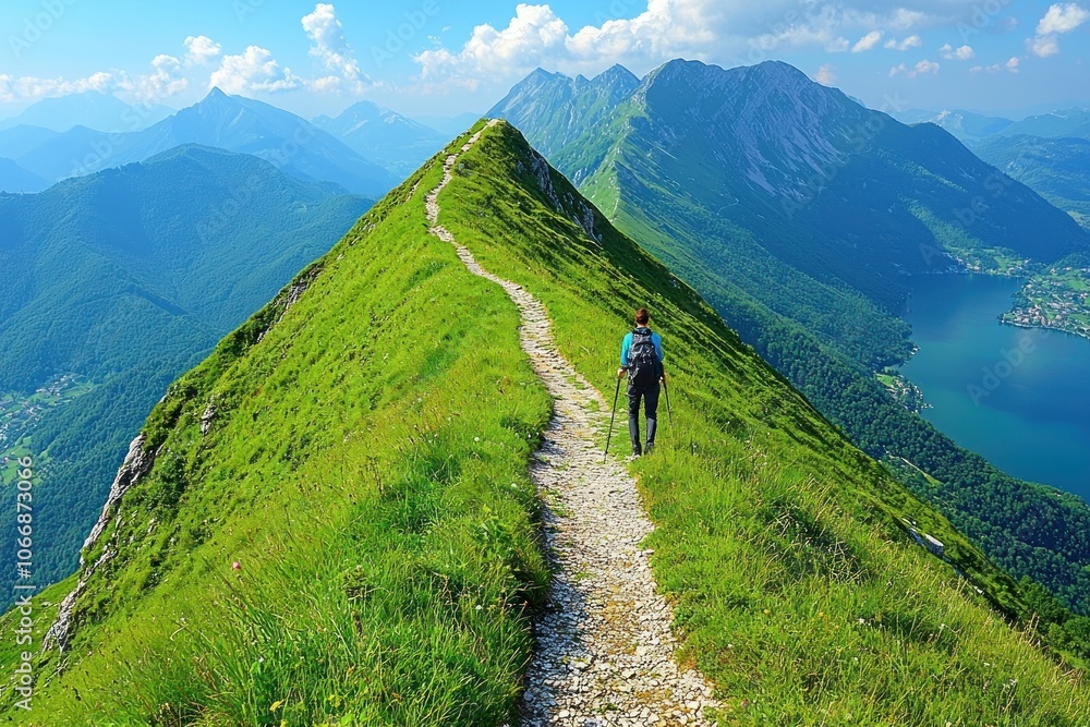 Solitary Hiker on a Winding Mountain Path with a View of a Lake Solitary Hiker on a Winding Mountain Path with a View of a Lake