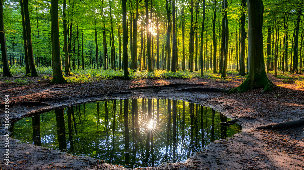 Sunlight beams through trees reflecting in a forest puddle. Sunlight beams through trees reflecting in a forest puddle.
