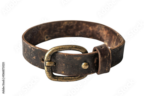 Vintage leather belt with a brass buckle on a plain background showcasing its worn texture