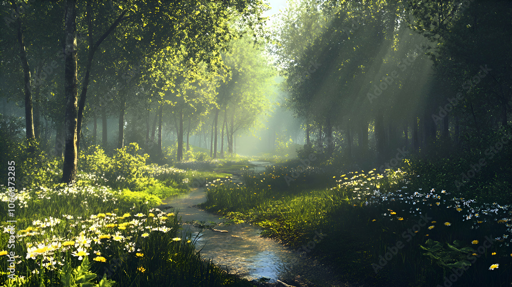 Fototapeta premium Sunlight streams through the trees in a misty forest, illuminating a path along a babbling brook.