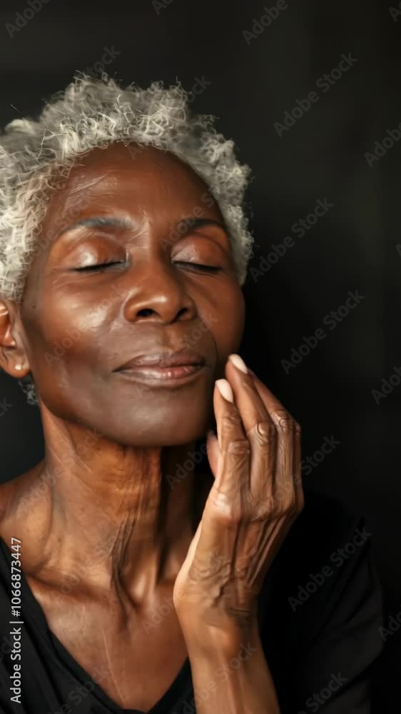 A woman with short hair and a black shirt is resting her hand on her face. She has a calm and peaceful expression on her face A woman with short hair and a black shirt is resting her hand on her face. She has a calm and peaceful expression on her face