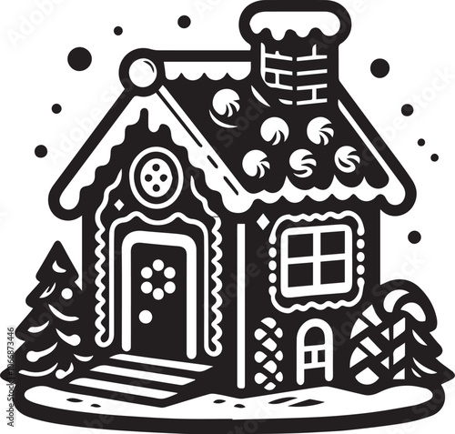 Whimsical Black and White Gingerbread House Illustration. A charming black and white illustration of a gingerbread house decorated with candies, lollipops, frosting, and a whimsical Christmas tree.