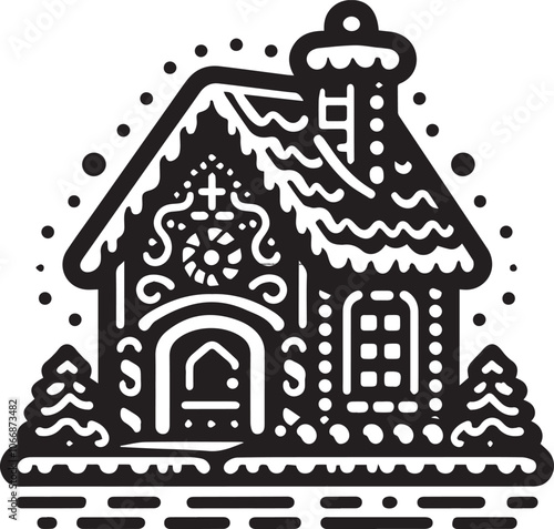 Whimsical Black and White Gingerbread House Illustration. A charming black and white illustration of a gingerbread house decorated with candies, lollipops, frosting, and a whimsical Christmas tree.