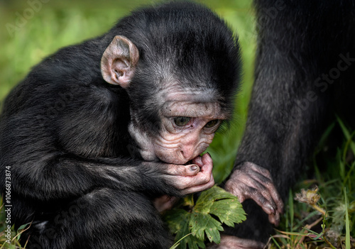 A close up of a baby Celebes crested macaque holding on to its mother photo