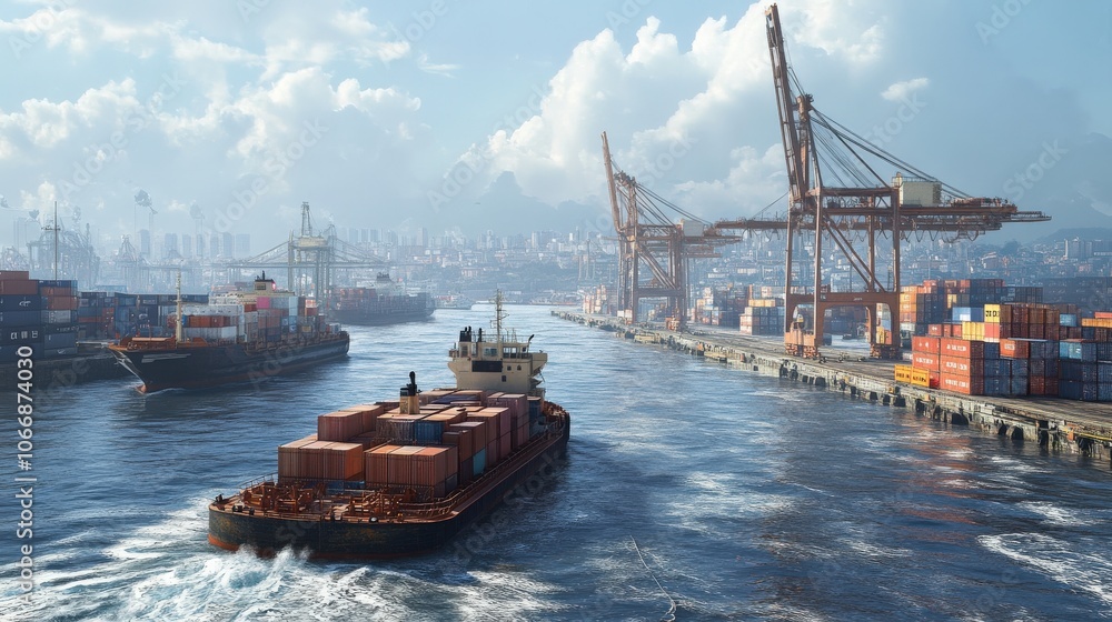 Fototapeta premium A barge laden with colorful shipping containers navigates through a river, approaching a vibrant port bustling with cranes and cargo vessels under clear blue skies