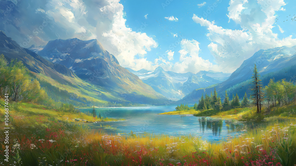 Obraz premium Breathtaking vista of Montana's Glacier National Park showcasing majestic mountains and lush valleys