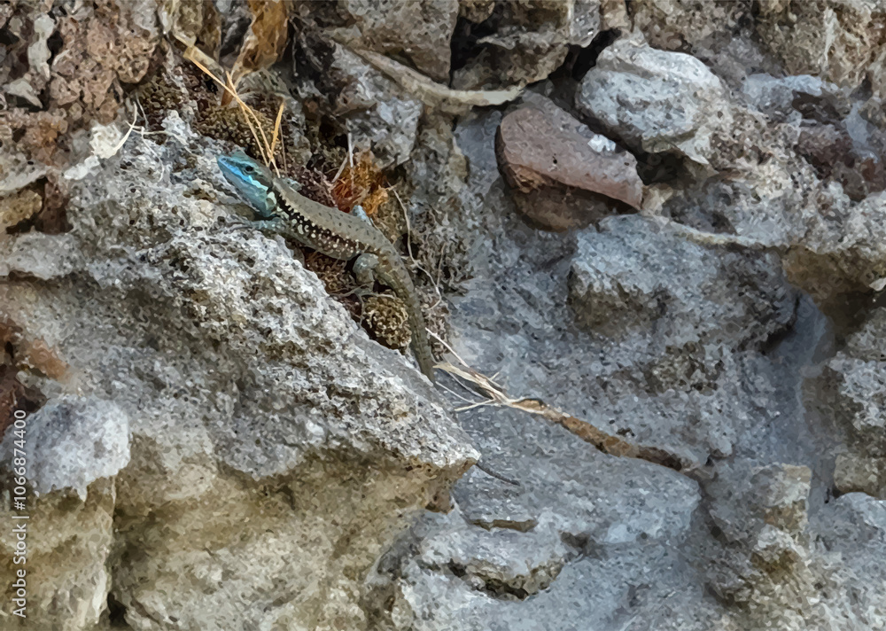 Iranolacerta brandtii on rocks. Illustration of a blue-headed lizard. Also commonly known as Brandt's Persian lizard, it is a blue-headed lizard in the family Lacertidae. Iranolacerta brandtii on rocks. Illustration of a blue-headed lizard. Also commonly known as Brandt's Persian lizard, it is a blue-headed lizard in the family Lacertidae.
