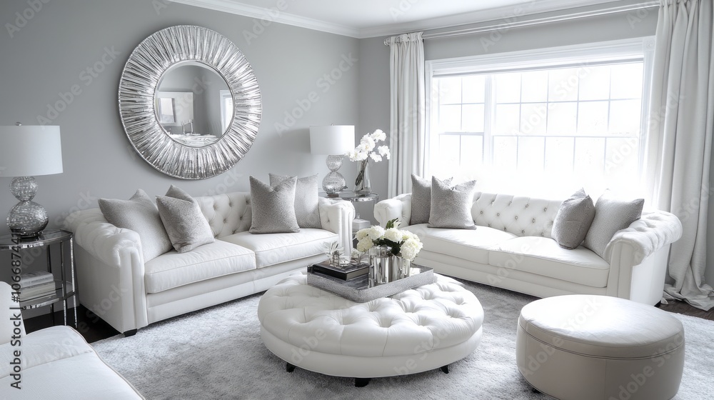 White Living Room Interior with Plush Furniture and a Large Sunburst Mirror White Living Room Interior with Plush Furniture and a Large Sunburst Mirror