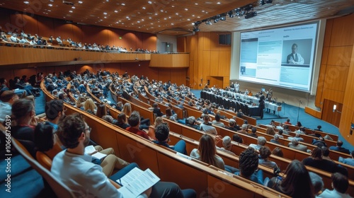 Attendees fill a large auditorium, engaged in an informative medical conference with speakers presenting the latest advancements and research studies