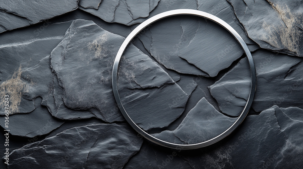 A circular black metal frame against a dark stone wall. A circular black metal frame against a dark stone wall.